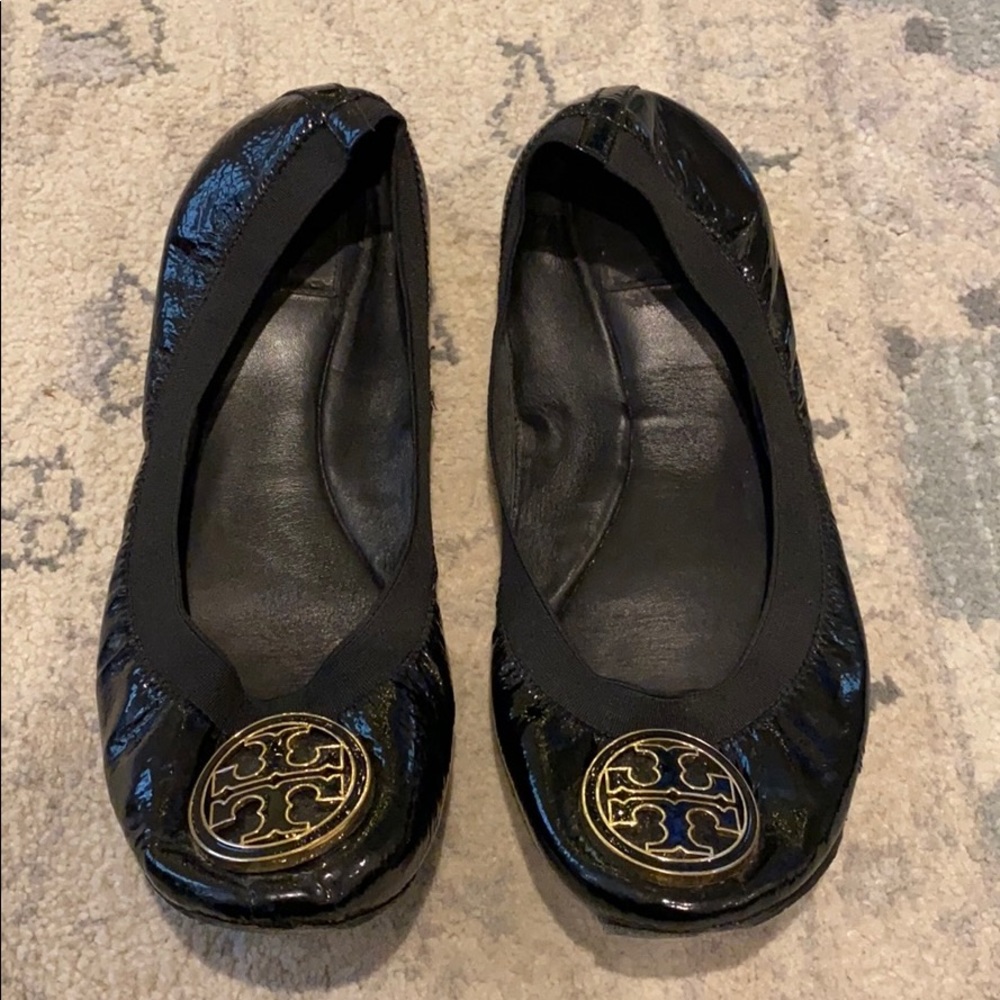 Tory Burch black flats with gold logo